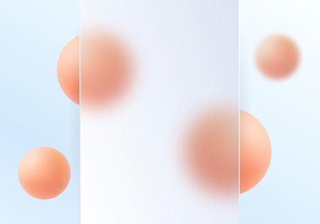 Abstract composition with vertical matte panel and soft blurred orange spheres on pale blue gradient background, glassmorphism style.のイラスト素材