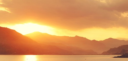 calm evening landscape with lake and mountains  Feva lake, Nepal の写真素材