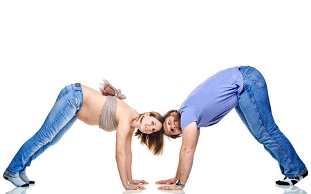 stout man  and pregnant woman on a white background, isolated on a white backgroundの写真素材