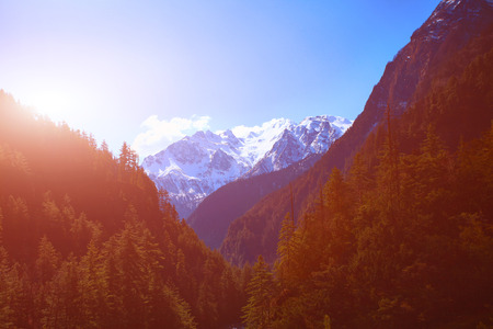 Snow capped mountains. Himalaya, Nepal. Trek around Annapurna mountの写真素材