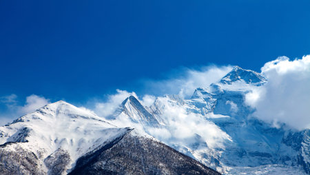 Snow capped mountains. Himalaya, Nepal. Trek around Annapurna mountの写真素材