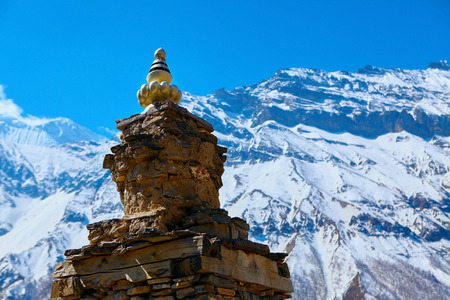 Traditional stupa in  Nepal.  Trek around Annapurna mountの写真素材