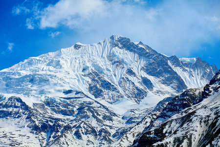 Snow capped mountains. Himalaya, Nepal. Trek around Annapurna mountの写真素材