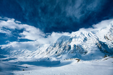 Snow capped mountains. Himalaya, Nepal. Trek around Annapurna mount
