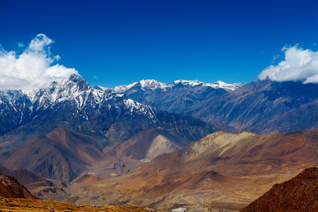 Snow capped mountains. Himalaya, Nepal. Trek around Annapurna mountの写真素材