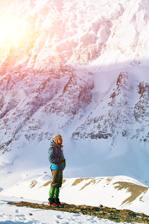 hiker in the Hamalayas mountains. Trek around Annapurna mount, Tilicho lake.の写真素材