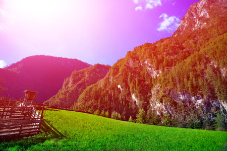 beautiful landscape with fenced field fence in the mountains in the morningの写真素材