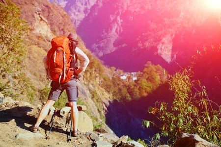 hiker in the Hamalayas mountains. Trek around Annapurna mountの写真素材