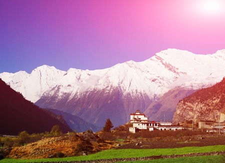 Snow capped mountains. Walley of the mountain river. Himalaya, Nepalの写真素材