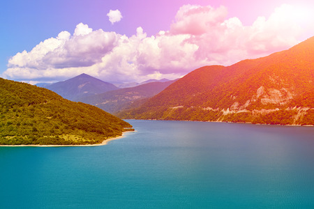 beautiful mountain lake at the foot of the mountainの写真素材