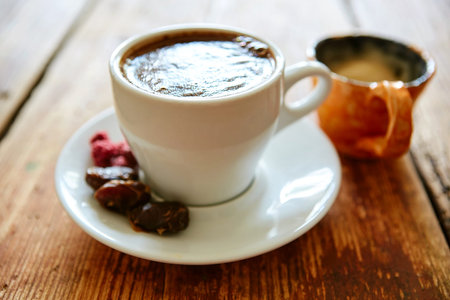 Cup of coffee, dried fruits and honey on a wooden background. small depth of field