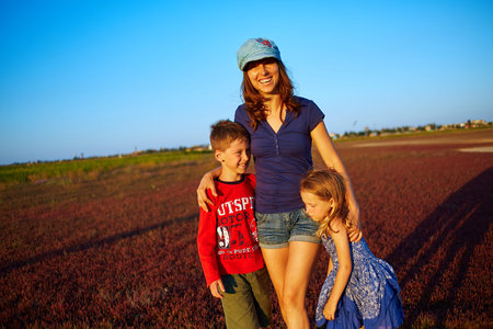 family in the field at the  sunsetの写真素材