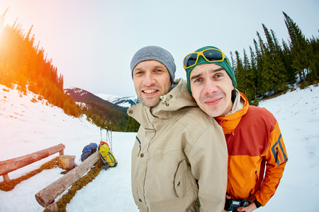 hikers makes selfie in the winter mountainsの写真素材