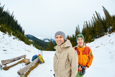 hikers makes selfie in the winter mountainsの写真素材