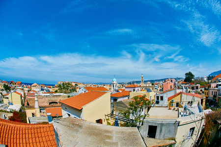 View of the white houses of Chania city from above, Crete, Greeceの写真素材