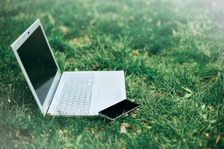Laptop with blank screen on green lawnの写真素材