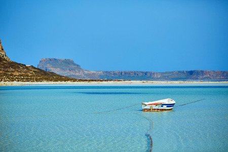 panoramic view on Balos beach with boat in the sea, Crete, Greeceの写真素材