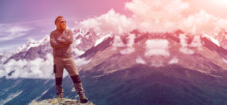 hiker at the top of a pass enjoy sunny day in Alps. Switzerland, Trek near Matterhorn mount.