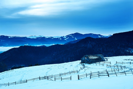Beautiful view of the blue winter mountains and hills in Carpathians on the sunriseの写真素材