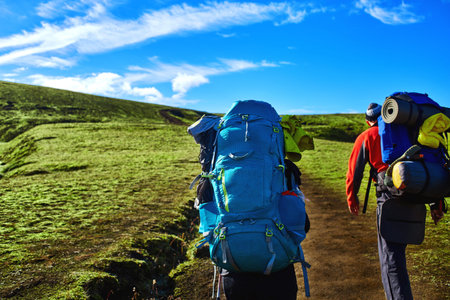 two hikers on the trail in the Islandic mountains. Trek in National Park Landmannalaugar, Iceland....