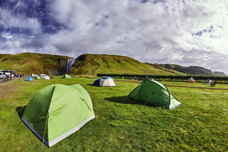 camping near famous Skogarfoss waterfall in southern Iceland. treking in Iceland. Travel and landscape photography conceptの写真素材