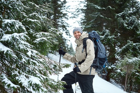 hiker on the trail in the Carpathians mountains at winterの写真素材