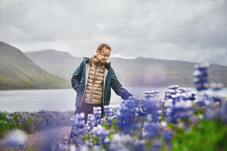 Beautiful Icelandic landscape with woman in a field of lupins in the foreground and the mountains and the fjords and the ocean in the backgroundの写真素材