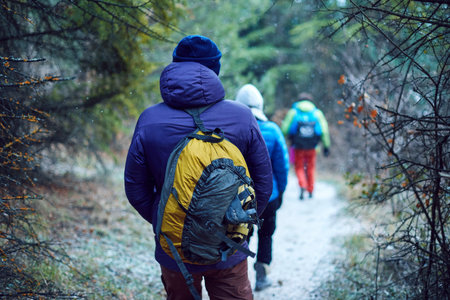 hikers on the trail in the Crimea mountains at winter