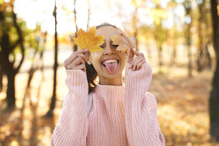 funny woman holding in hands yellow maple leaves covering her eyes and sticking out her tongue at camera in autumn park sunny dayの写真素材