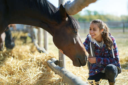Casual happy woman petting horse on countryside farm or ranch. Animals, friendship and hobby concept.の写真素材