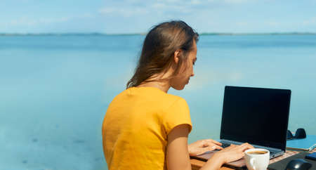 Back view freelancer woman outside working on laptop computer by blue sea during her travel. Concept remote work, freelance.の写真素材