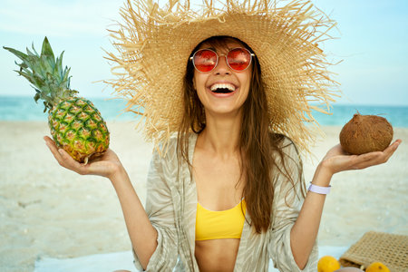 happy smiling woman in red eyeglasses wearing straw hat on sea beach, holding tropical fruits in hands, girl looking happy on summer vacation. picnic at seasideの写真素材