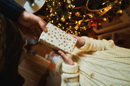 Man hands giving xmas gift for woman by decorated christmas tree, celebration family together Christmas and New Yearの写真素材