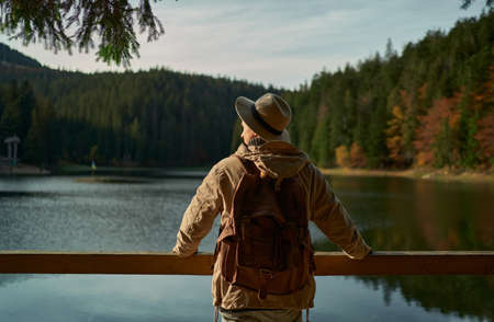 Rear view hiker man in hat standing on wooden pier by beautiful mountain lake and enjoys amazing forest landscape. Wild nature beauty, people in natureの写真素材
