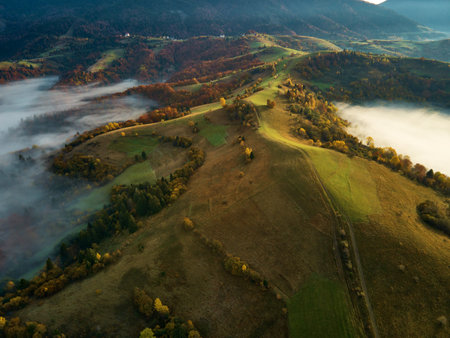 Aerial top view from above on amazing hills, mountain range in valley bottom at early morning with low clouds.の写真素材