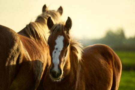 Red horse portrait on sunset sky at meadow, foal with mare grazing togetherの写真素材