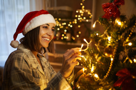 Joyful Santa Woman preparing for the Christmas holiday, decorating a Christmas tree with lights and toysの写真素材