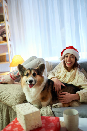 Funny Welsh Corgi dog with owner woman at home spending time together durihg festive holiday celebrationの写真素材