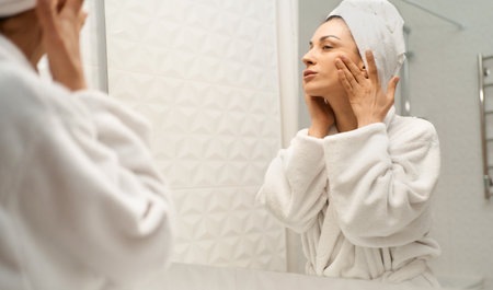 Adult woman wrapped in white bath towel in bathrobe in front of mirror lifting and massaging her skin. Concept rejuvenation and skin liftingの写真素材