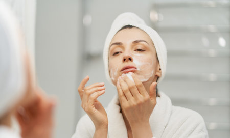 Female close up beauty care portrait. Adult woman wearing towel on head using moisturizing foam for face washing, morning skincare routineの写真素材