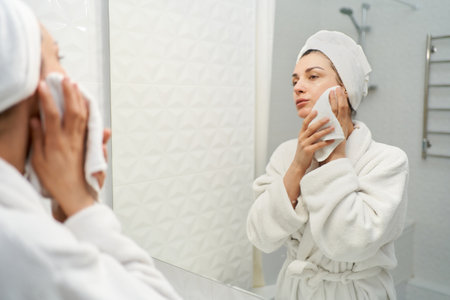 Graceful woman in a bathrobe wearing towel on head, stands in front of a mirror gently drying her face with soft towel after refreshing cleanseの写真素材