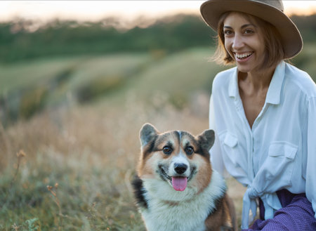 Portrait of funny cute Welsh Corgi dog and laughing charming woman together amidst the scenic lawnの写真素材
