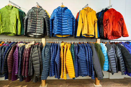 Front view on collection of sporty outdoor jackets, perfect for adventure and active life styleの写真素材