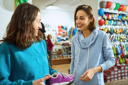Professional female sales consultant helps the client find the perfect pair of shoes in shoe store.の写真素材