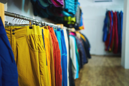 Outdoor colorful bright sportswear hanging elegantly in store. Fashion trends, retail environments, and active lifestylesの写真素材