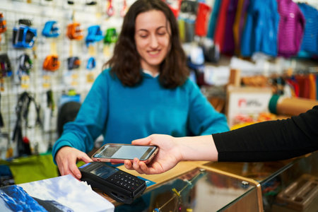 Customer making payment with smartphone through a terminal at store. The seller female accepts payment behind the counter.の写真素材