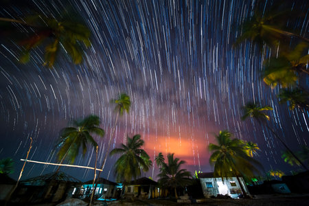 Tropical night. Star trails in the night sky above vilage and coconut palm tree. Zanzibar island, Africaの写真素材