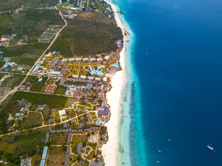 Beautiful Zanzibar Nungwi beach with blue Indian ocean aerial viewの写真素材