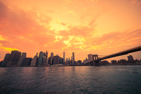 Brooklyn Bridge in a warm summer sunset New York City, USAの写真素材