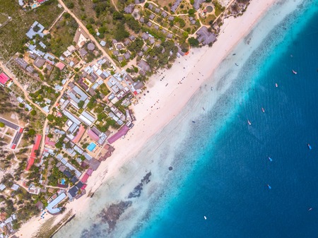 Beautiful Zanzibar Nungwi beach with blue Indian ocean aerial viewの写真素材